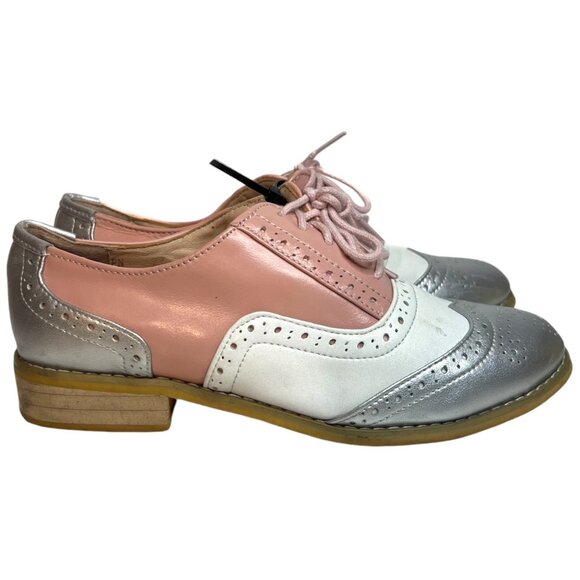 Wingtip Brogue Color Block Leather Oxfords 37 US 7 Pink Silver Saddle Shoes Retr - Picture 5 of 9